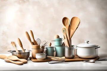 kitchen utensils on table, set of kitchen utensils on table against light background with space for text