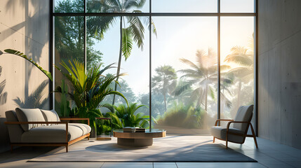 Fototapeta premium Contemporary Elegance: A Stunning Modern Home Living Room with Panoramic Tropical Views