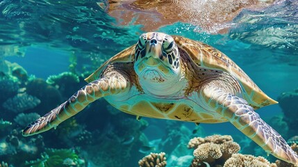 Fototapeta premium Under water sea turtles. Sea turtle under water in scuba diving scene