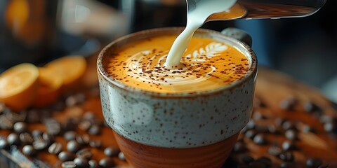 Barista pouring steamed milk into coffee cup creating latte art in a closeup shot. Concept Latte...