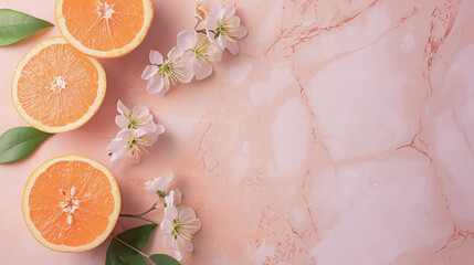 Rodelas de laranjas, folhas verdes e flores de pêssego formam uma composição com espaço para texto, em um fundo de cor de pêssego pastel - obrazy, fototapety, plakaty
