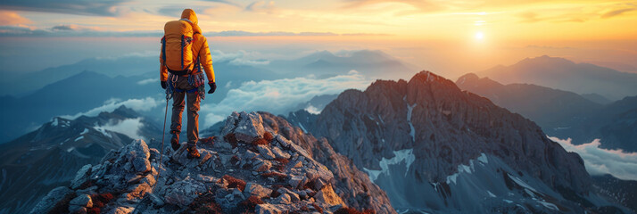 A panoramic view of the majestic mountains at sunset, symbolizing achievement and adventure.