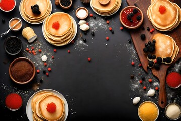 Maslenitsa banner, pancakes with caviar close-up with free space on a dark background with space for text.