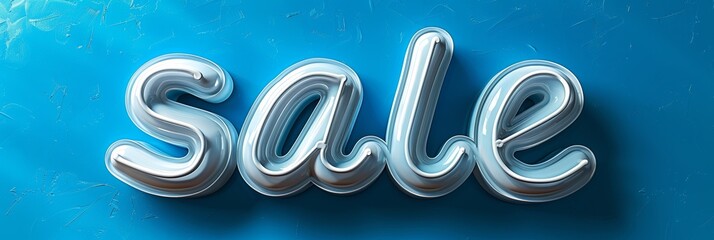 A clear, refreshing sale sign with neon text against a blue water-style background.
