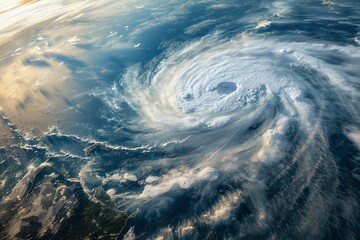 A powerful hurricane swirls over the ocean, its eye visible in a stunning aerial perspective.
