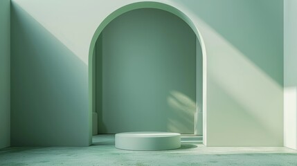 Minimalist Cylindrical Podium with Architectural Batten Backdrop - Soft Green Pastel Generative AI - obrazy, fototapety, plakaty