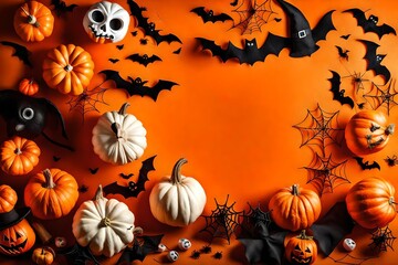 Halloween decorations on orange background - Horizontal Banner with copyspace