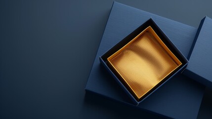 navy blue gift box, open with golden flat sponge pad inside, top view close-up, navy blue background, for product presentation, copy and text space, 16:9