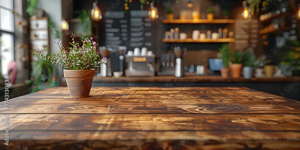 Poster capturing the ambiance: blurred cafe counter with wooden table abstract background and blackboard. c