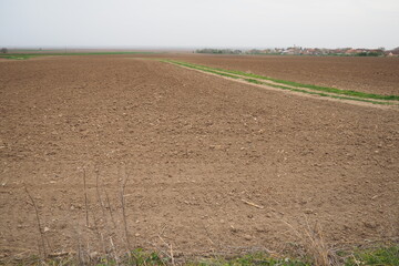 A tractor-plowed field in Chalma, Serbia. Agribusiness. Agricultural land. Fertile black soil. Row...