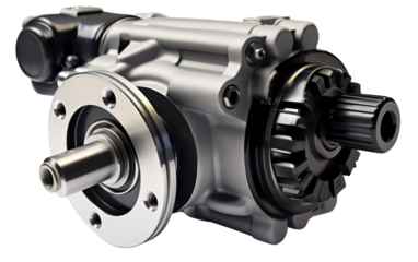 A detailed close-up of a gear box on a white background, showcasing the intricate mechanics and engineering precision