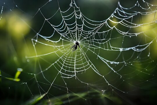 Morning dew glistening on a spider s web With copyspace for text