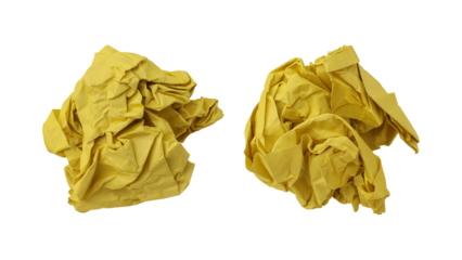 Yellow crumpled paper balls isolated on transparent background