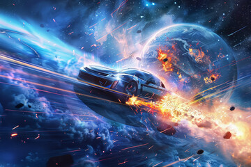 A car is flying through space and crashing into a planet