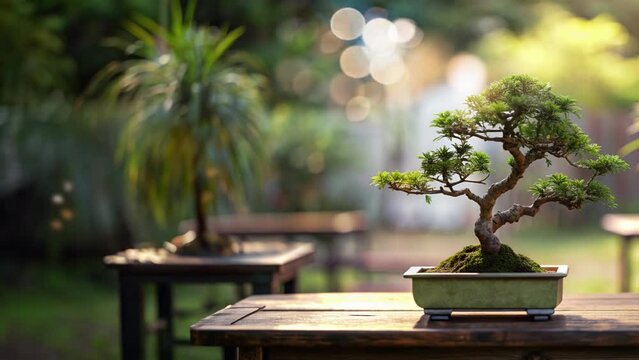 bonsai on a table with an outdoor atmosphere and there are several butterflies flying