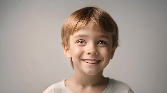 On a white background, a child begins to smile.