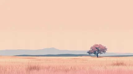 Foto op Canvas Cenário bucólico de vastos campos de capim, com uma árvore solitária ao longe, montanhas e céu, todos em tons de pêssego pastel © Raul