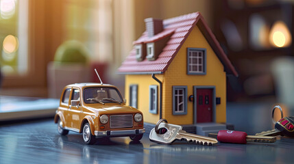 Model House and Car with Keys on a Desk: Concept of Home and Vehicle Ownership