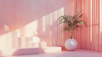 Interior em tons de pêssego pastel, apresentando uma escadinha minimalista e um vaso com uma palmeira verde - obrazy, fototapety, plakaty