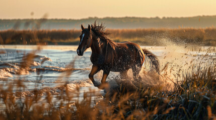 Horse in Natural Habitat, Majestic Horse Grazing at Rustic Field Panorama