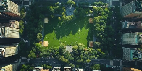 city with skyscrapers and parks bird's eye view Generative AI