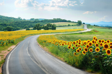 Naklejka premium A road with a field of yellow sunflowers on either side