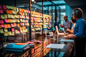 Business people brainstorming with sticky notes in the office at work. Generative Ai.