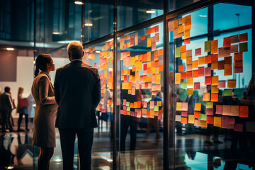 Business people brainstorming with sticky notes in the office at work. Generative Ai.