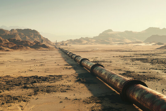 A long pipe is laying in the desert