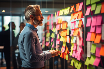 Business people brainstorming with sticky notes in the office at work. Generative Ai.