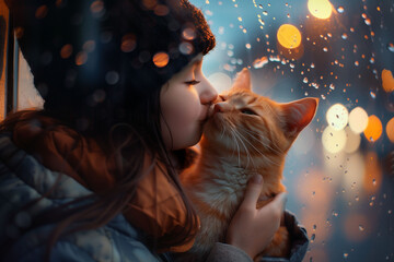 Tender moment as a young girl in a winter hat lovingly kisses her ginger cat, raindrops and city lights blur in the background