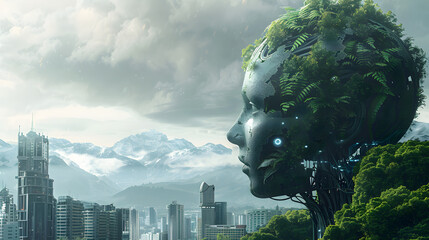 Sustainable Metropolis: Futuristic Cityscape with Green Energy, Human Head Made of Tech and Plants atop a Mountain, and an AI Robot's Profile