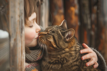A heartwarming close-up of a child in a cozy sweater sharing a gentle kiss with a content tabby cat, expressing pure love and friendship