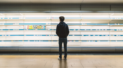 Rear view of young man standing in supermarket and looking at shelves