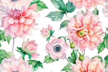 Watercolor Harmony: Pink Dahlias and Anemones