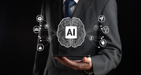 Human interact with AI artificial intelligence brain processor in concept of AI artificial...