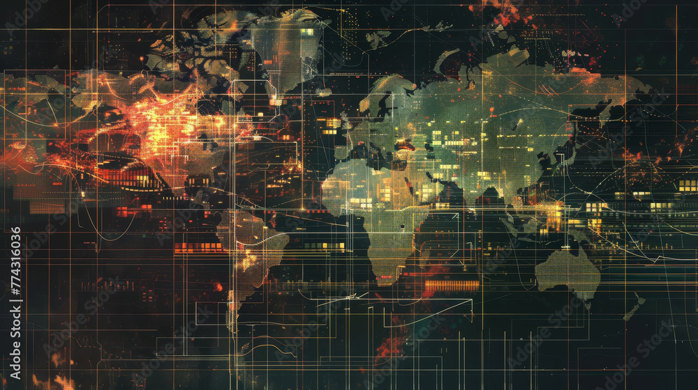 Poster a computer generated image of a world with a city in the middle
