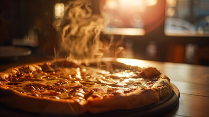 Hot Pizza on Table, Freshly Baked Pizza with Steaming Toppings: Italian Cuisine