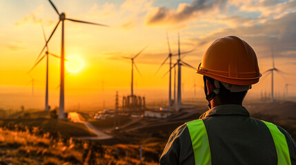 Fototapeta na wymiar Renewable Energy Engineer Overseeing Wind Farm at Sunset, Eco-Friendly Energy: Technician at Wind Farm