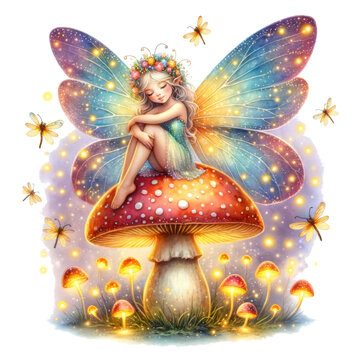 Fairy sitting on a mushroom with butterflies - Whimsical image of a delicate fairy with iridescent wings sitting thoughtfully on a vibrant mushroom amongst other glowing mushrooms and butterflies