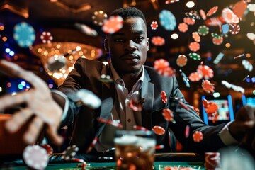 young african man sitting at casino table with many poker chips flying around and drink, black male gambling and winning, looking confident and handsome, gamble establishment concept