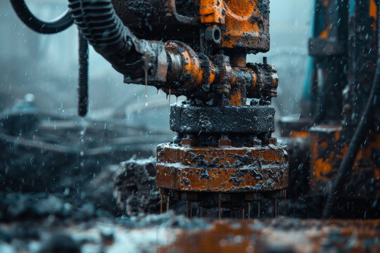 A rusty piece of machinery with a black and orange cap