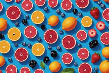Fruit Illustration with bright blue, pink patterns digital artwork