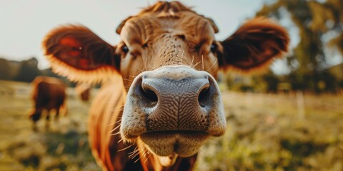 close up frontal portrait of a cow staring at camera, calf snout closeup in green farm field surroundings, copy space - obrazy, fototapety, plakaty