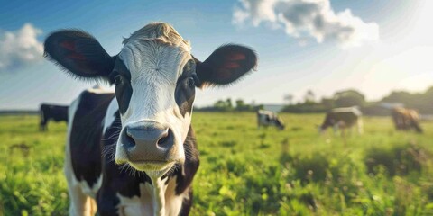 close up frontal portrait of a cow staring at camera, calf snout closeup in green farm field surroundings, copy space - obrazy, fototapety, plakaty