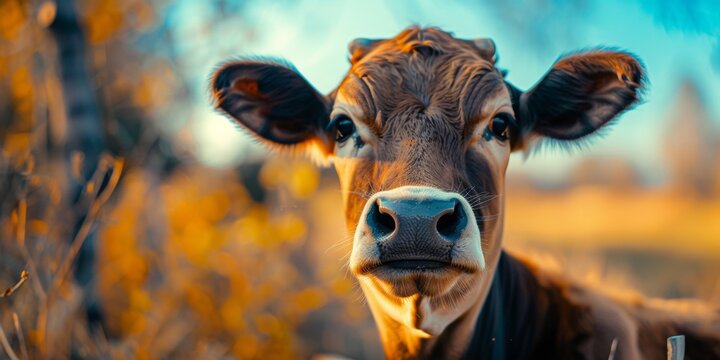 close up frontal portrait of a cow staring at camera, calf snout closeup in green farm field surroundings, copy space