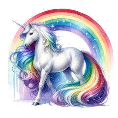 Obraz na płótnie Canvas Magical unicorn with rainbow mane - A striking illustration of a transparent unicorn with a flowing rainbow-colored mane and tail