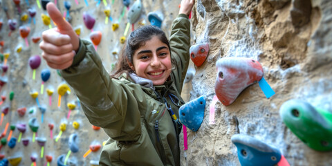 young athletic woman wearing sportswear climbing wall indoors, smiling portrait holding thumbs up