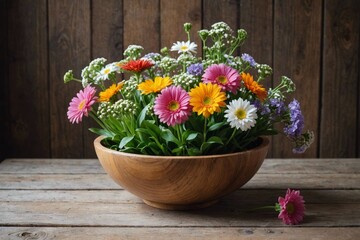Flowers in bowl on wooden surface