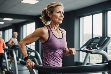 Fit mature woman in sportswear running on a treadmill during a workout at the gym